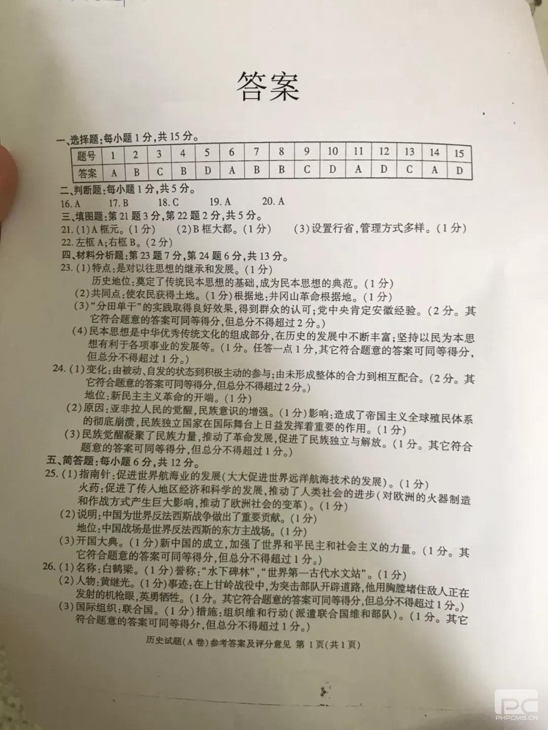 2019年重庆A卷中考历史真题及答案已公布