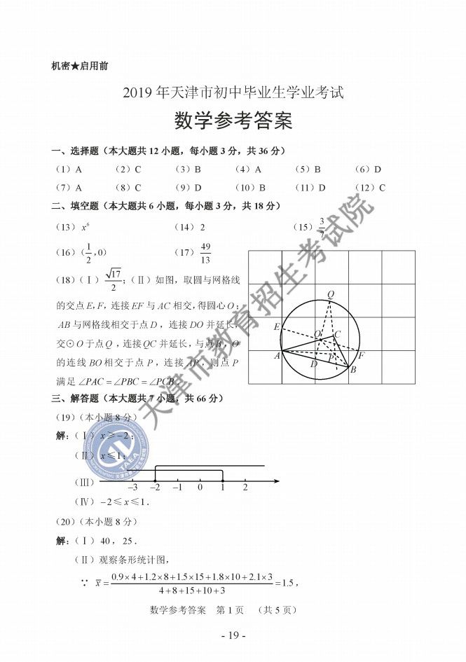 2019年天津中考数学真题及答案